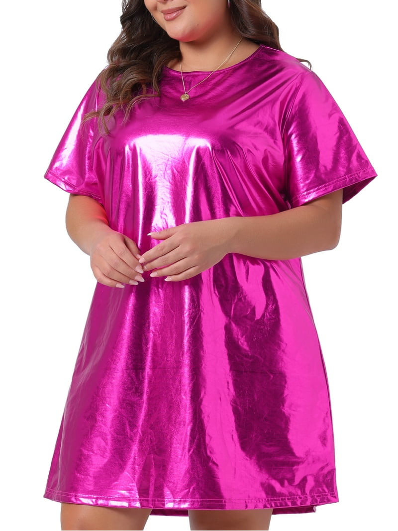 Daring Diva Plus Size Metallic Round Neck Short Sleeve Mini Dress 3X Hot Pink, Women's, Size: 3XL