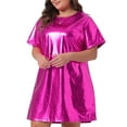 thumbnail image 2 of DARING DIVA Plus Size Metallic Round Neck Short Sleeve Mini Dress 2X Hot Pink, 2 of 6