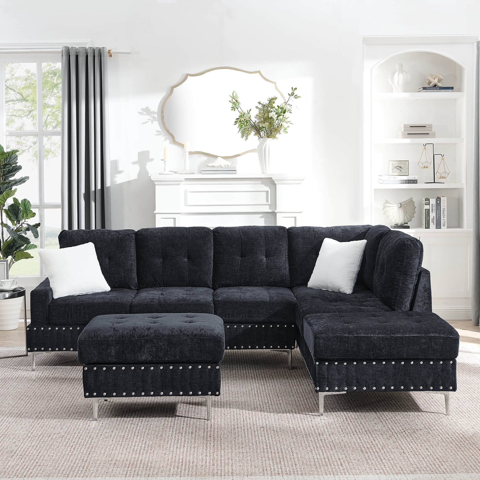 Leumius Modular Sectional Sofa with Chaise and Storage Ottoman,U/L Shaped Sectional Sofa with 2 Pillows,Modern Copper Nails Design Couch with Deep Seat and Thickened Cushion for Living Room,Navy Blue