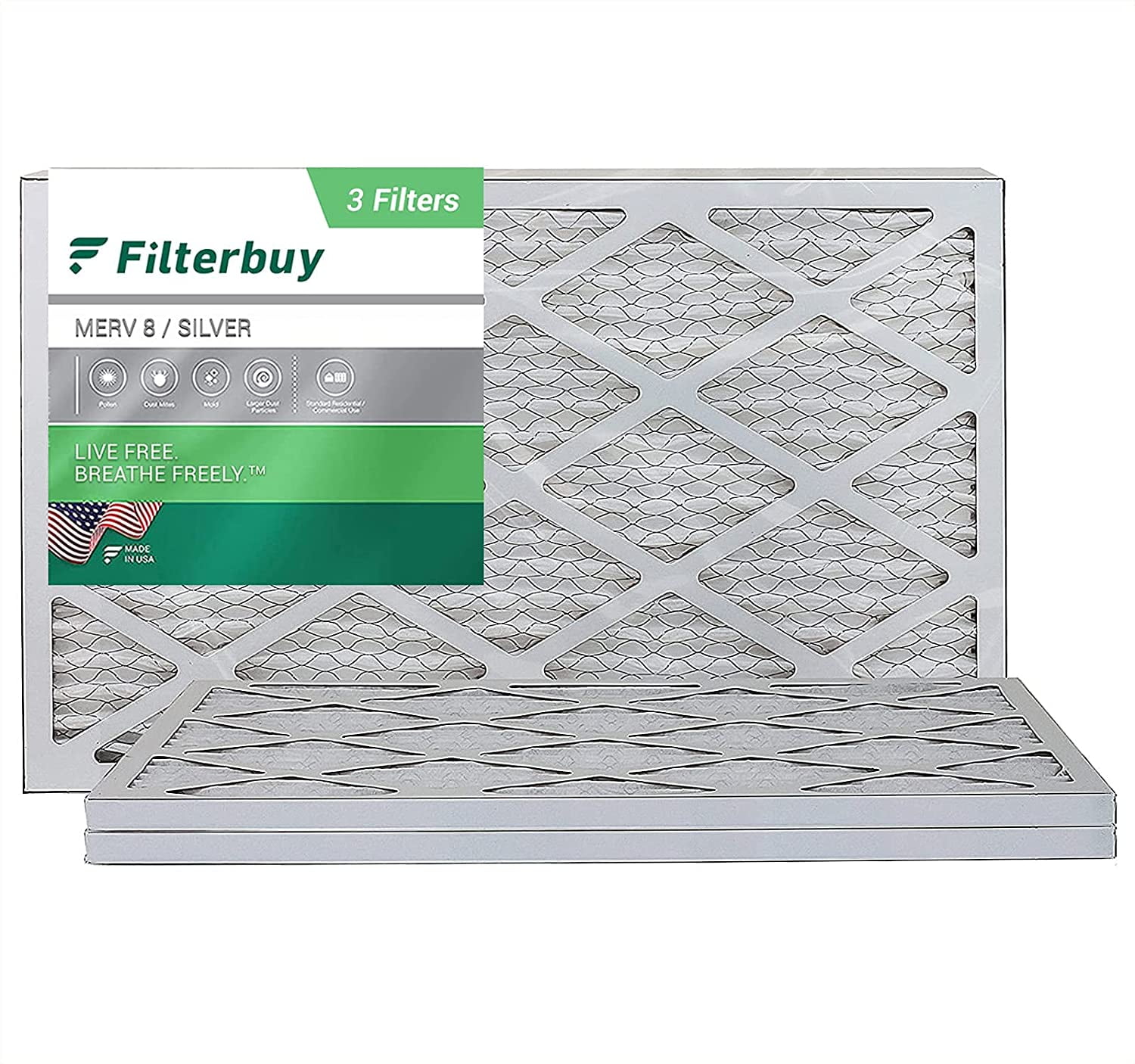Filterbuy 16x25x1 Air Filter MERV 8, Pleated HVAC AC Furnace Filters (3