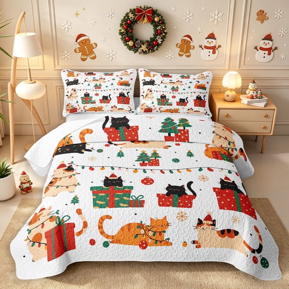 Erosebridal Christmas Cats Twin Quilt Set 2 Pieces,Merry Holiday Twin Coverlet Set,Multi,1 Bedspread and 1 Pillowcase