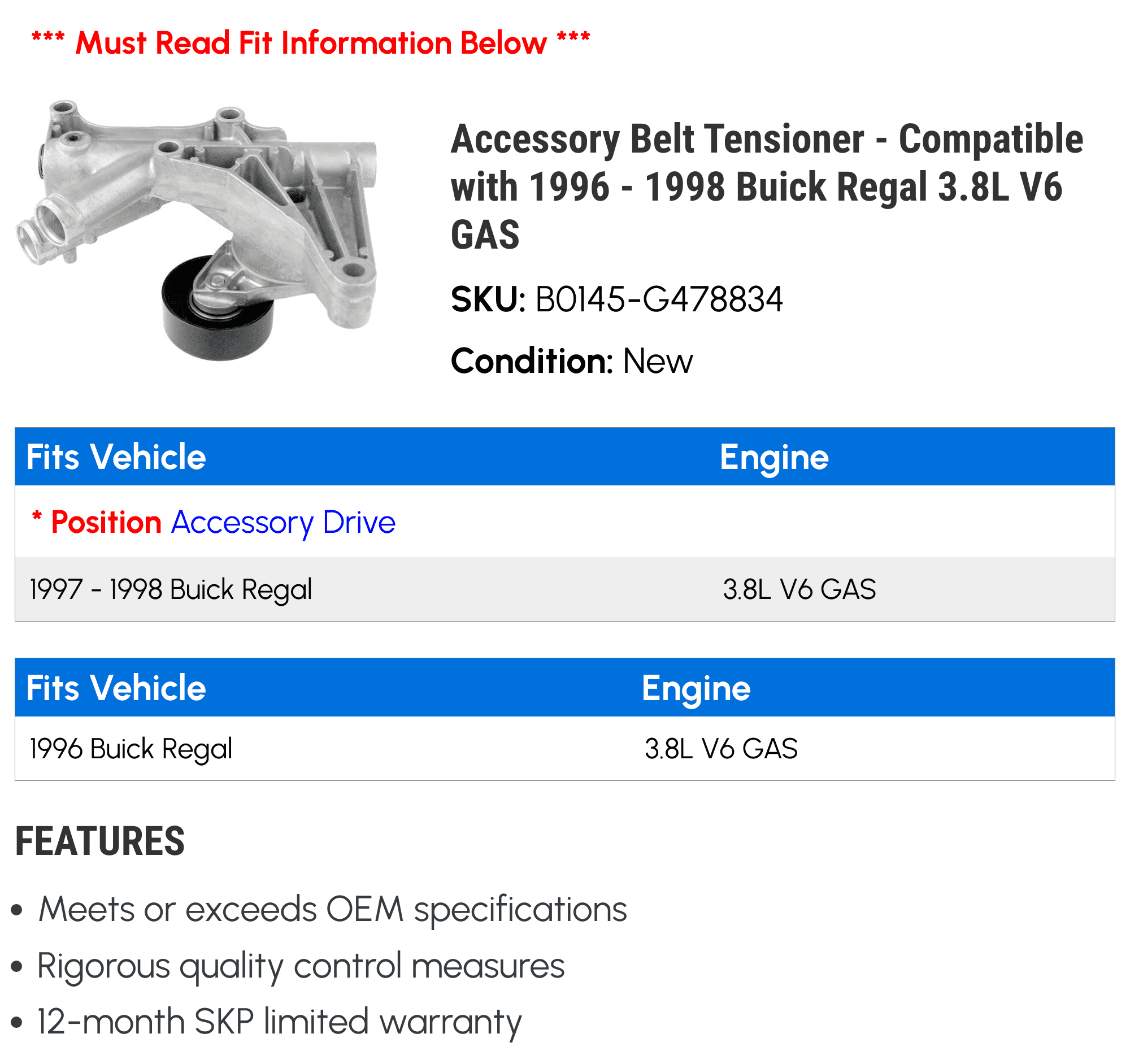 Accessory Belt Tensioner - Compatible with 1996 - 1998 Buick Regal 3.8L V6 GAS 1997