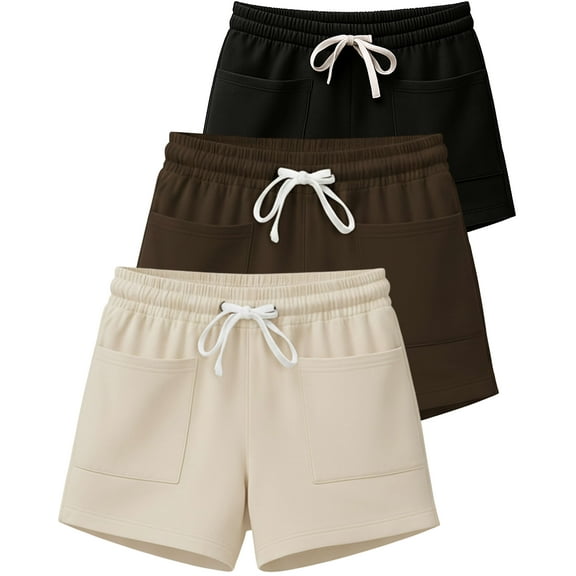Real Essentials 3 Pack: Women's French Terry Square Pocket Shorts Lounge, Casual Shorts with Pockets (Available in Plus)