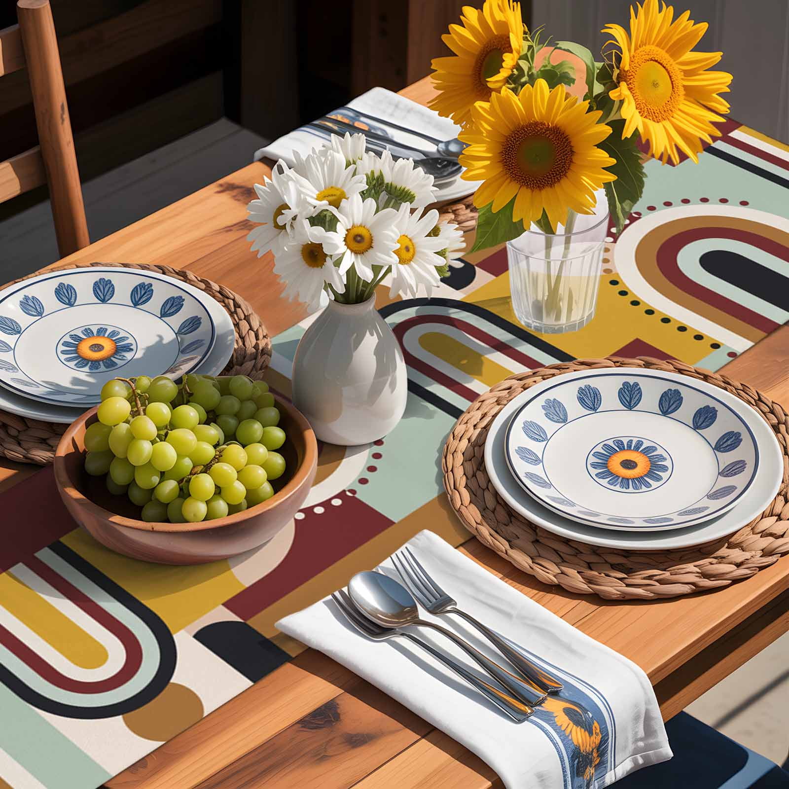 Mid Century Abstract Ethnic Art Table Runner 90 Inches Long, Yellow Brown Geometric Color Block Table Runners Tabletop Scarf Kitchen Dining Tables Decoration for Home Party Indoor Outdoor