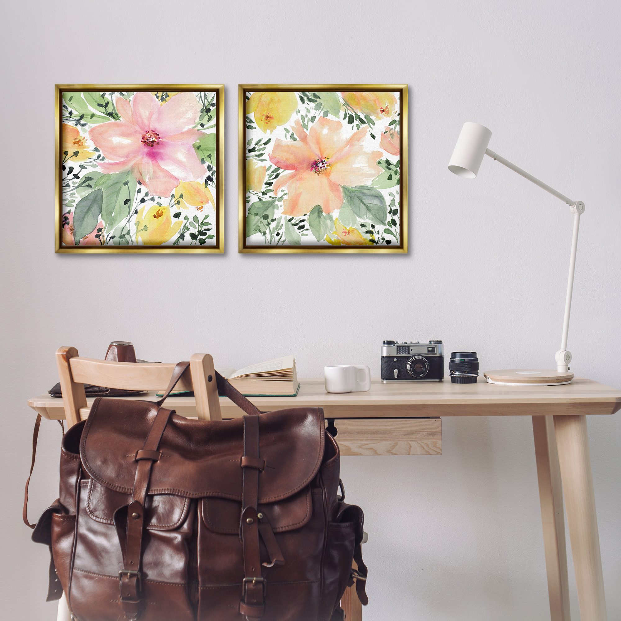 Stupell Industries Large Pink and Coral Bloom Plants & Flowers Painting Gold Floater Framed Canvas Art Print Wall Art, 18 x 18, Set of 2