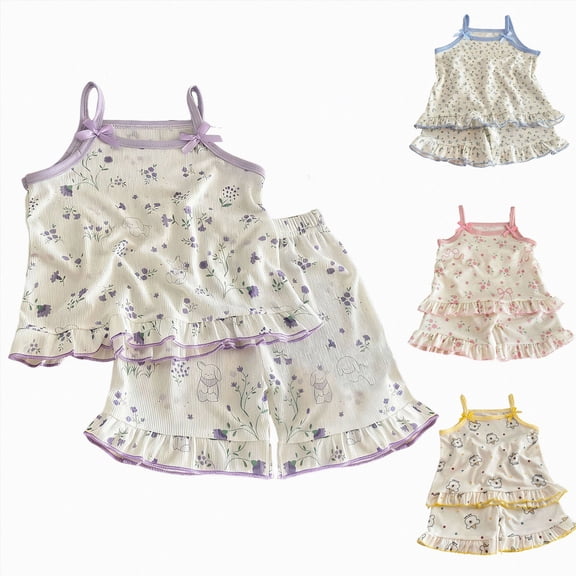 WUANDIXFA Toddler Girl Summer Pajamas 1T 2T 3T 4T 5T 6T 7T 8T Baby Girl Breathable Pajama Set Cute Printed Sleeveless Top Shorts Two Piece Set,Pink,5-6 Years