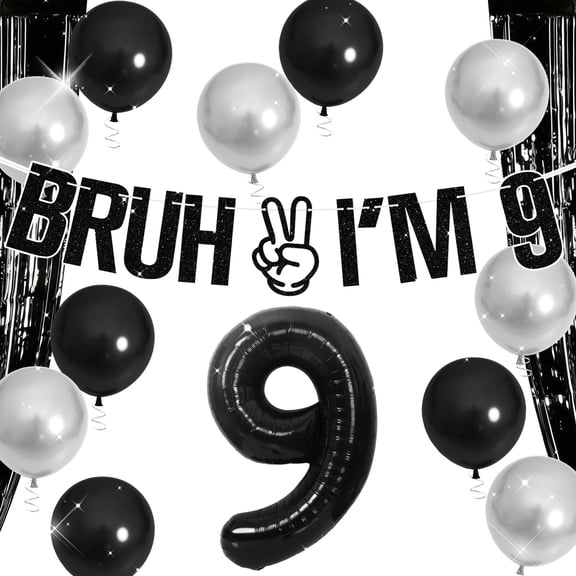 9th Birthday Party Decorations Set - Cool Black Silver Theme with Banner & Balloons