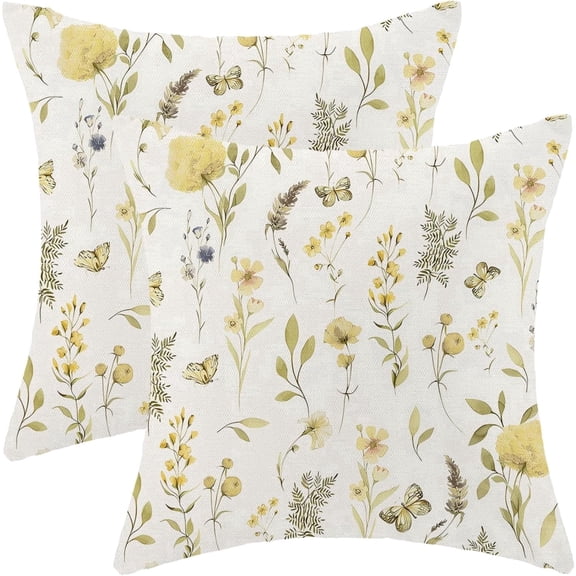 Set of 2 Pale Yellow Floral Throw Pillow Covers, 18x18 Inch Watercolor Botanical Cushion Cases, Linen Envelope Closure Pillowcases for Couch Sofa Bedroom Farmhouse Decor