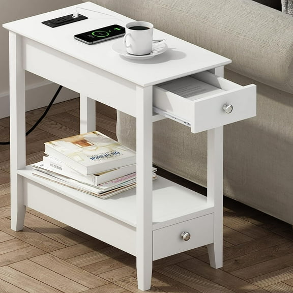 Side Table with Charging Station, Narrow End Table with Storage, 2-Drawer Nightstand with USB Ports & Power Outlet, White Sofa Bedside Table for Small Spaces, Living Room, Bedroom