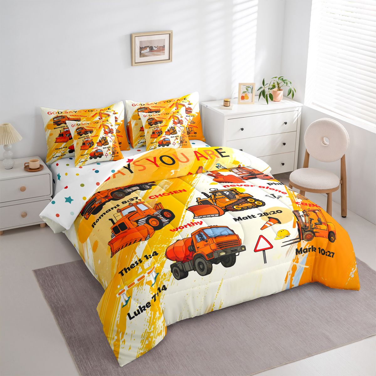 Manfei Orange Graffiti 7-Piece Bedding Comforter Set,Excavator Bulldozer Truck King Bedding Sets,Construction Vehicles Bed Sheets For Boys,Luxury Bedroom Decor Reversible