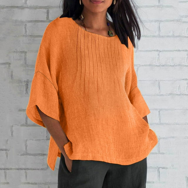 mfyjkho Tops Casuales Para Mujer, Blusa Holgada De Verano Para Mujer, Con Mangas 3/4, Plisada Y Cuello Redondo, De Imitación De Lino Tops Para Mujer Xxxl