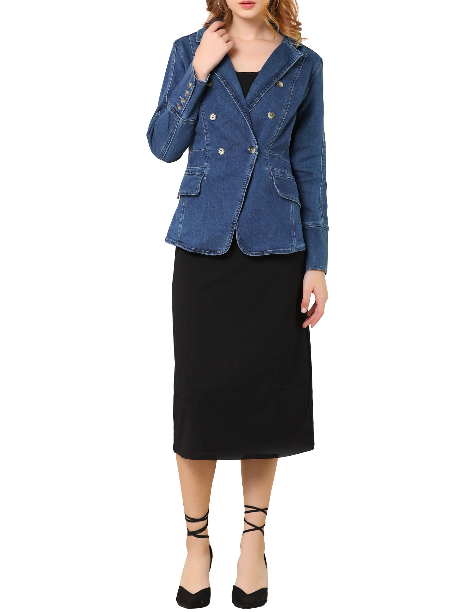DARING DIVA Women's Lapel Jeans Blazer Denim Jacket W Pockets L Dark Blue