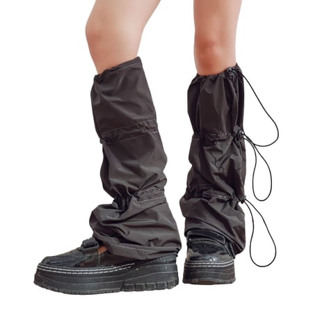 Women Punk Baggy Stacked Leg Warmers Gaiters with Drawstring Cargo Foot Covers Flared Footless Long Socks Streetwear