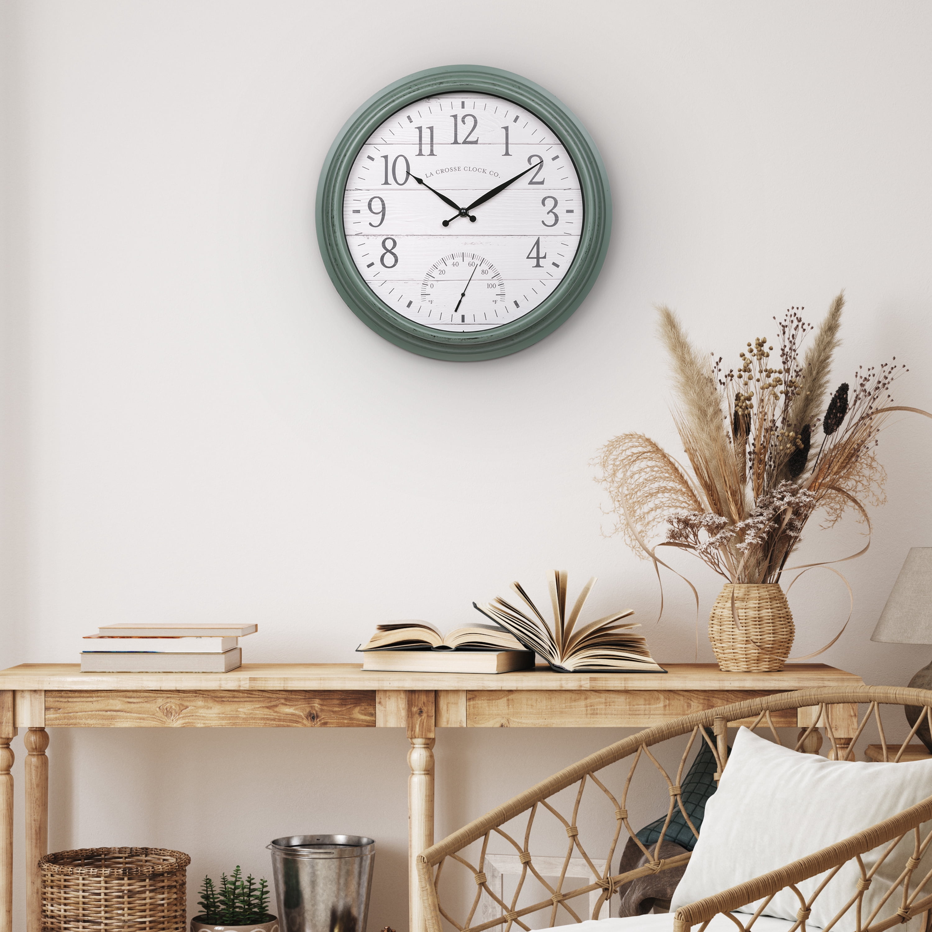 La Crosse Technology 15.75 In. Indoor/Outdoor Quartz Sagebrook Green Wall Clock with Temperature, 404-3840SG