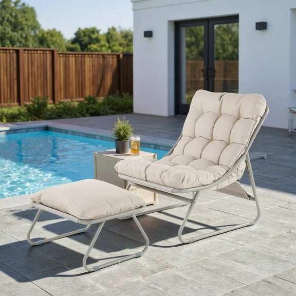 Lounge Chair, Outdoor/ Indoor Lounger, Weatherproof Relaxing Deck Chair with FootStool, Soft Cushion, for Garden, Patio, Load Capacity 350lbs, Beige