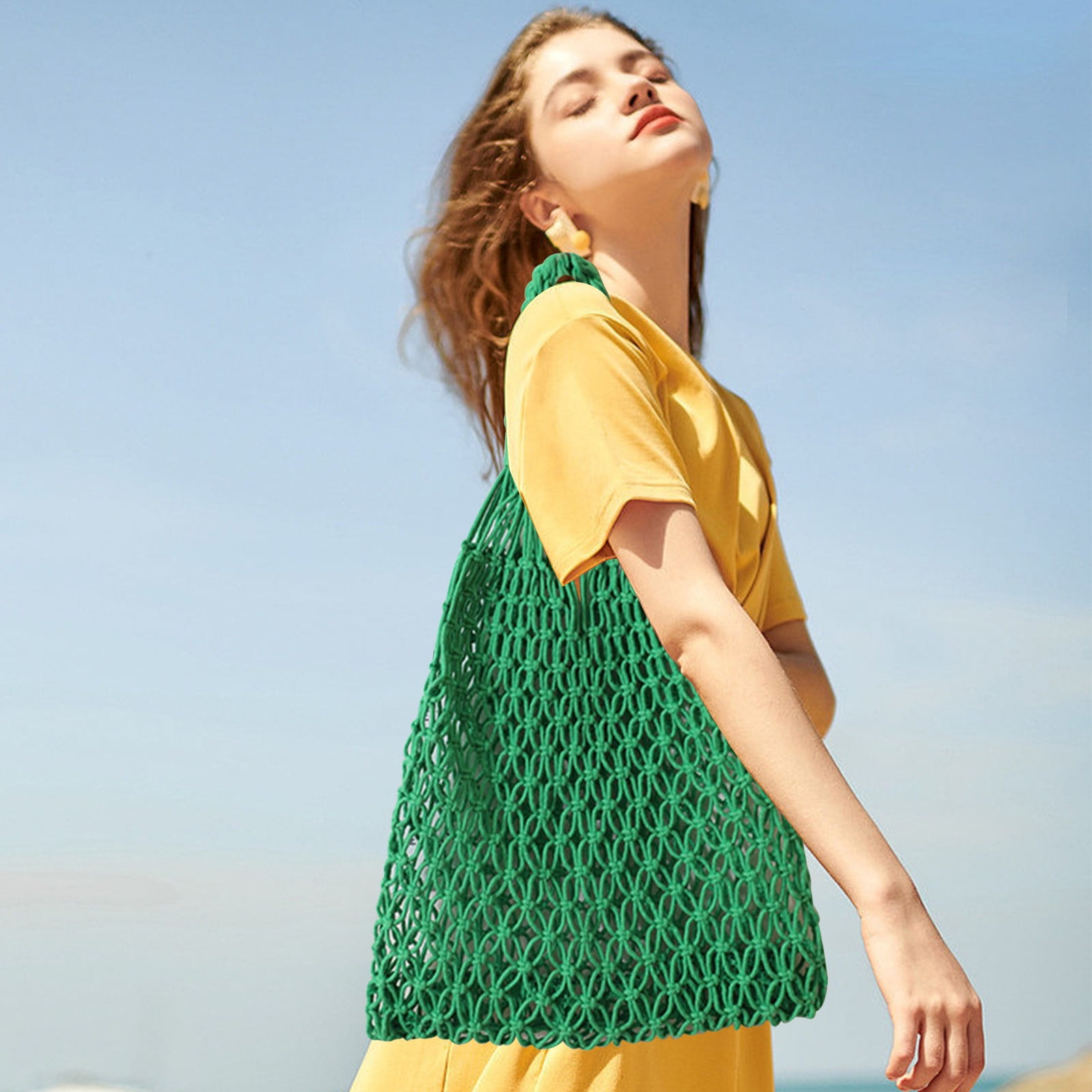 Specollect Clearance 2Pcs Crochet Backpack Flap Drawstring Shoulders Bag Summer Beach Woven Tote Bag, Straw Rattan Raffia Bucket Bag, Handmade Basket Handbag