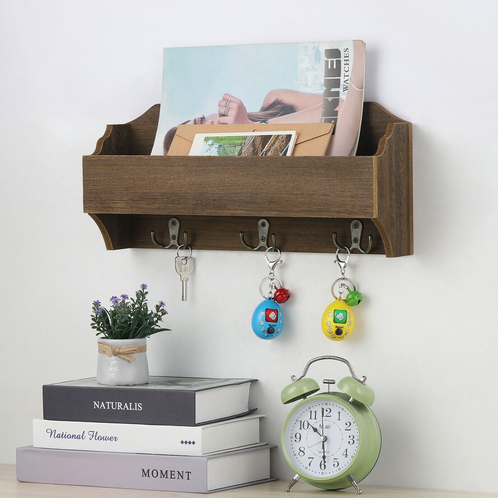 Rustic Wooden Wall Mounted Mail Sorter Wall Hanging Rack with 3 Double Key Hooks