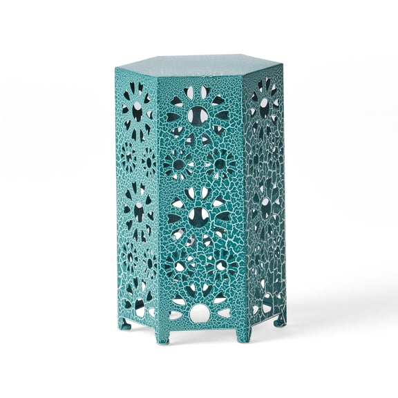 Benjara Liana Outdoor Side End Table- Flower Cutout- 12" Top- Teal Blue