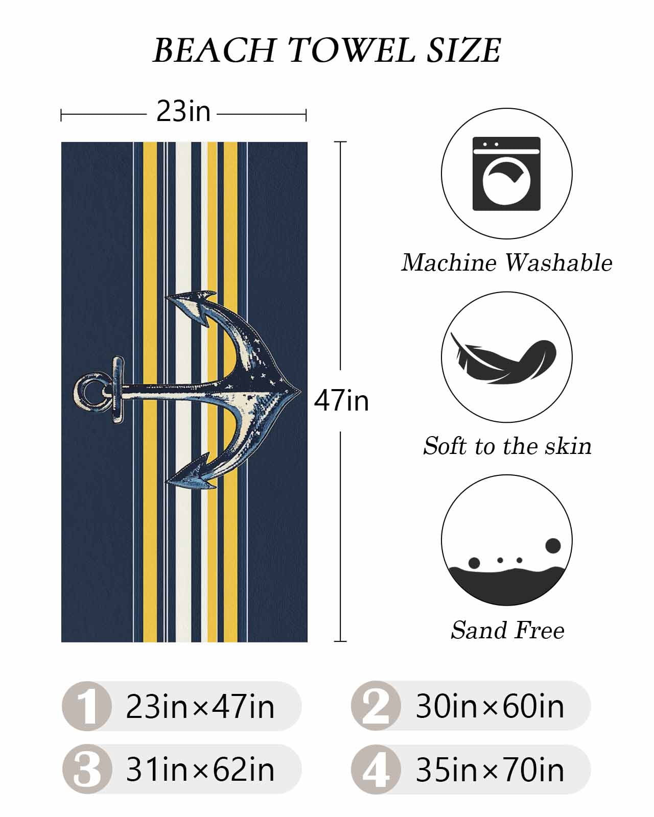 Nautical Anchor Beach Towels Oversized Super Absorbent, Navy Blue Yellow Striped Farmhouse Ombre Lightweight Bath Towel Quick Dry Sets For Bathroom/Pool/Rv Camping/Beach Play/Gym Room/Picnic 23"x47"