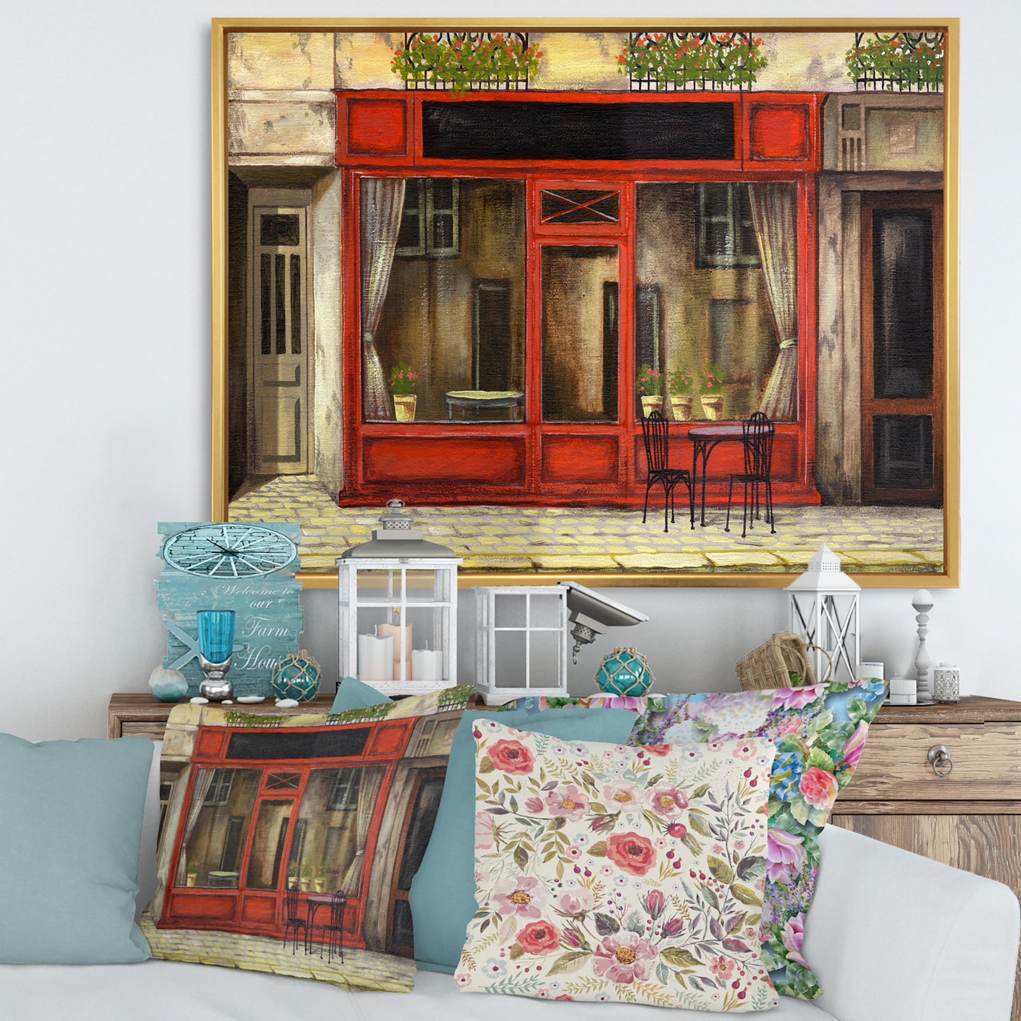 Designart 'Red Facade of Charming Shop In Paris Street I' French Country Framed Canvas Wall Art Print