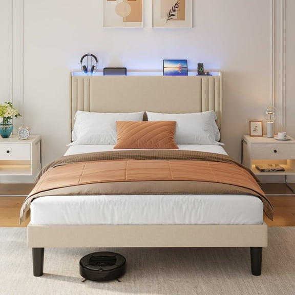 Asofer Queen Bed Frame w/Upholstered Wingback, Wood Slats, Charging Station & LED Lights, Beige