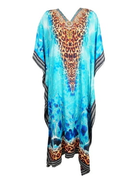 Mogul Women Maxi Caftan Kimono Sleeves Resort Wear Beach Cover Up Jewel Print V-Neck Long Kaftan Dress