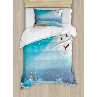 Moon Rays Duvet Cover Set Twin Size, Cartoon Style Lunar Smiling on a Rural House, Decorative 2 Piece Bedding Set with 1 Pillow Sham, Sea Blue Off White Burnt Sienna Pistachio Green, by Ambesonne