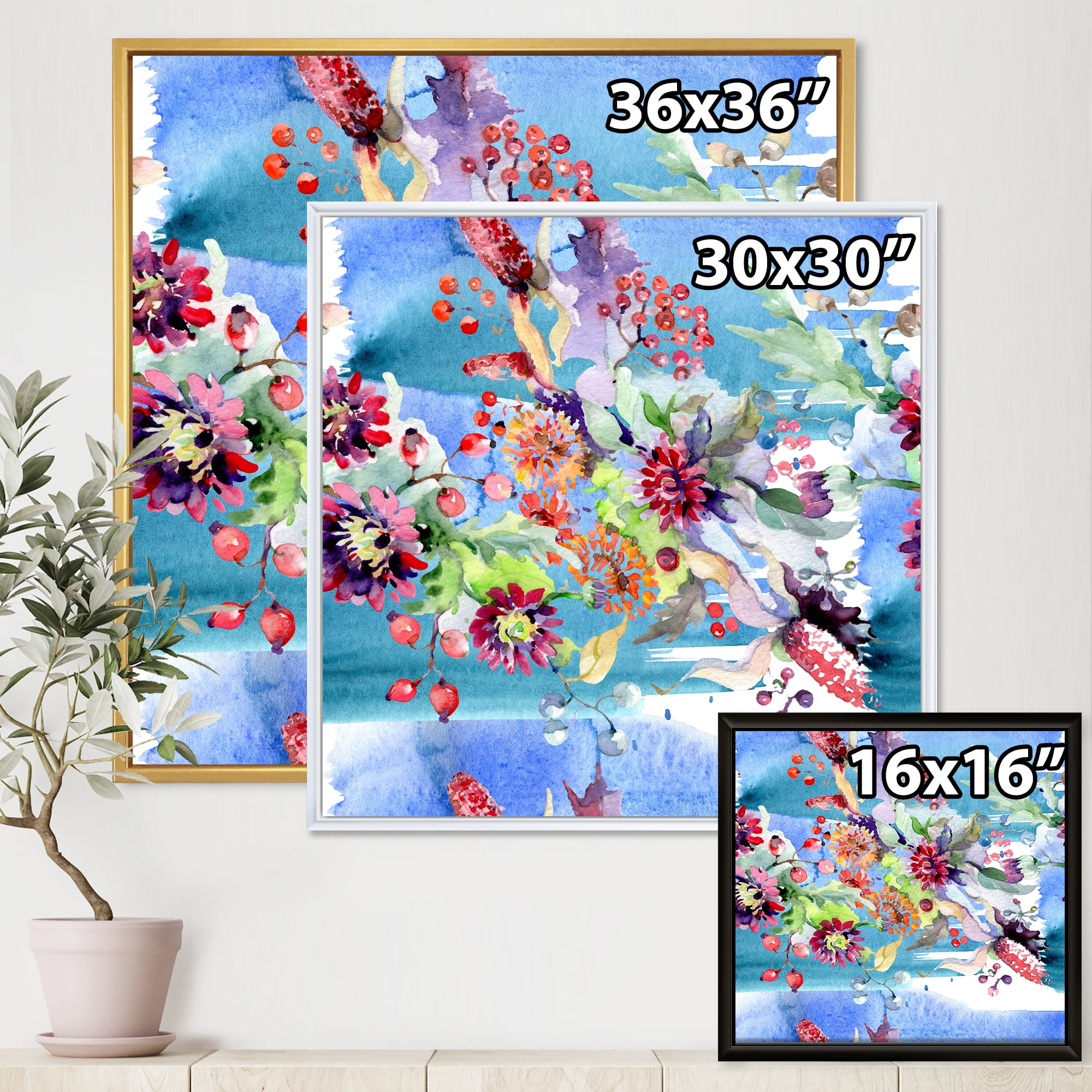 Wildflowers and Vibrant Wild Spring Leaves XIII 36 in x 36 in Framed Painting Canvas Art Print, by Designart