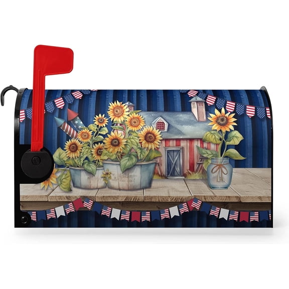 Summer Sunflower Magnetic Mailbox Covers Standard Size Floral Labor Day Patriotic American Flag Mailbox Post Cover Veteran''s Day Mailbox Decor Waterproof Mailbox Wrap 21 * 18 Inch