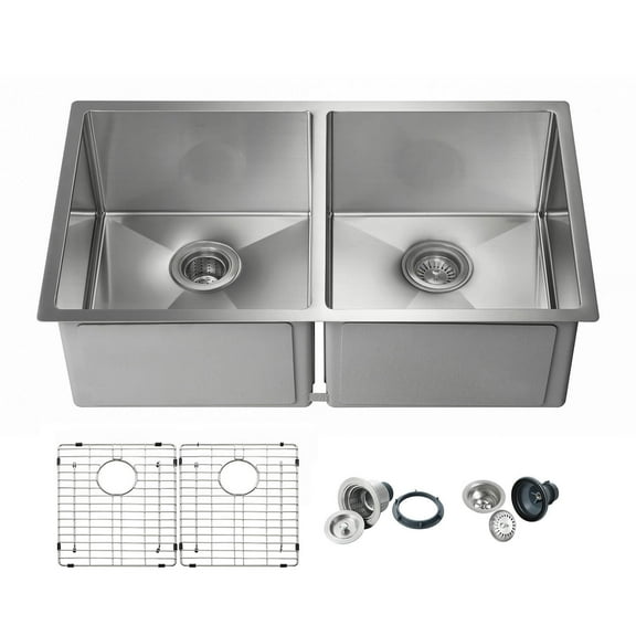 Kibi 32 3/4? Handcrafted Undermount Double Bowl Stainless Steel Kitchen Sink ? K1-D33-EQ