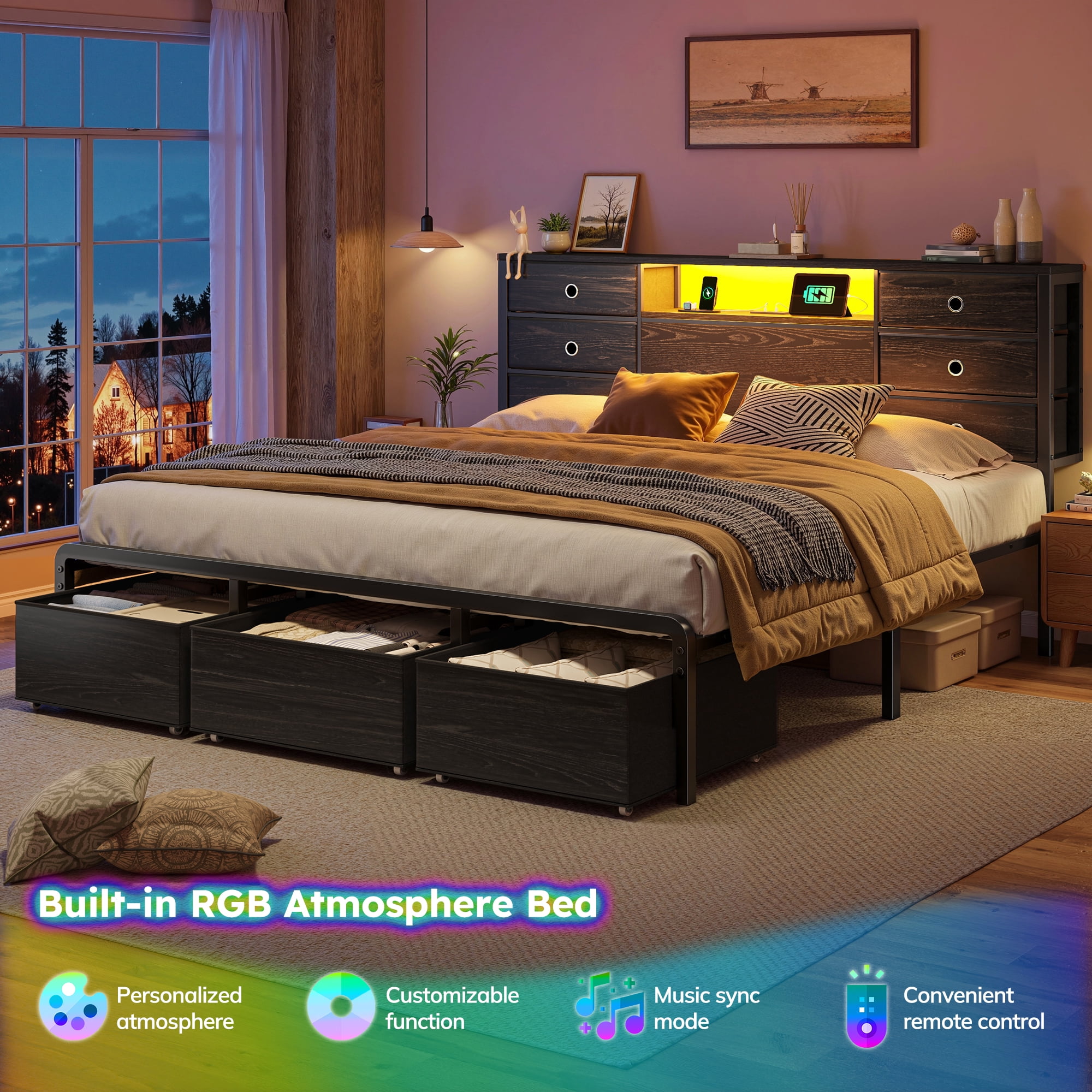 EnHomee Metal Bed Frame with 9 Storage Drawers Metal Bed Frame King with Headboard & LED Light & Charge Station,Black