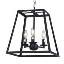 Wideskall 14" Modern Black Metal Iron Frame Square Cage Chain Hanging Chandelier Ceiling Light 3-Bulbs Lantern Lighting Fixture, Matte Black Finish, UL Certificated
