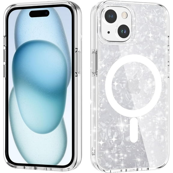 for iPhone 15 Case, Compatible with MagSafe, Cute Glitter Pearl Design for Women and Girls, Anti-Yellow Hard Protective Luxury Shockproof Bumper Phone Case for iPhone 15 6.1-inch 2023, White