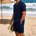 thumbnail image 4 of Men's Beach Clothes 2 Piece Cotton Linen Outfits Sets Casual Short Sleeve Button Down Cuban Guayabera Shirt Yoga Shorts Vacation Suit Summer Big and Tall Size S-3XL Navy, 4 of 6