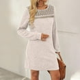 thumbnail image 2 of FRSASU Womens Long Sleeve Winter Dresses Flowy Casual Ribbed Knit Crew Neck Lace Patchwork Sweater Dress Beige, 2 of 9