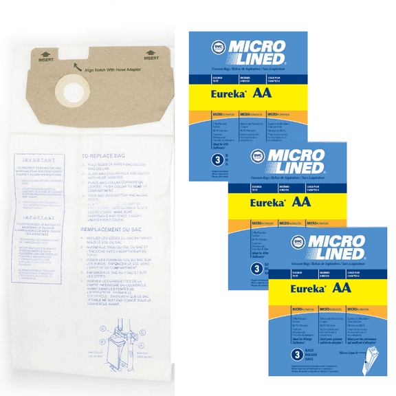DVC Micro-Lined Paper Replacement Bags Style AA Fit Eureka Victory, True, Whirlwind Models 4100, S4170, 4300, 4386AT, 4400, 4478AT, 4600, 5180 and Sanitaire S4170AT, SC4570, SC4580 - 9 Bags