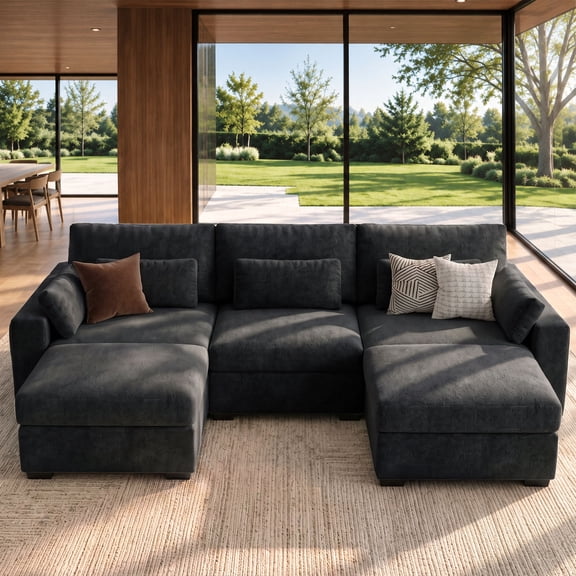 Hombryzy 113" Modular Sectional Sofa with Movable Ottoman, U-Shaped Deep Seat Cloud Couch for the Living Room, Black