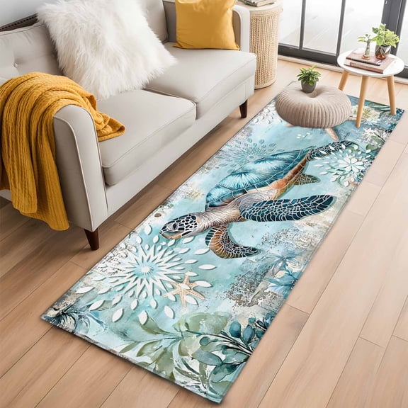 2'x6' Rug Runners for Hallways Kitchen, Sea Turtle Coastal Non Slip Entryway Beside Floor Carpet Runner, Vintage Teal Nautical Beach Botanical Washable Laundry Room Bedroom Throw Rugs Mat