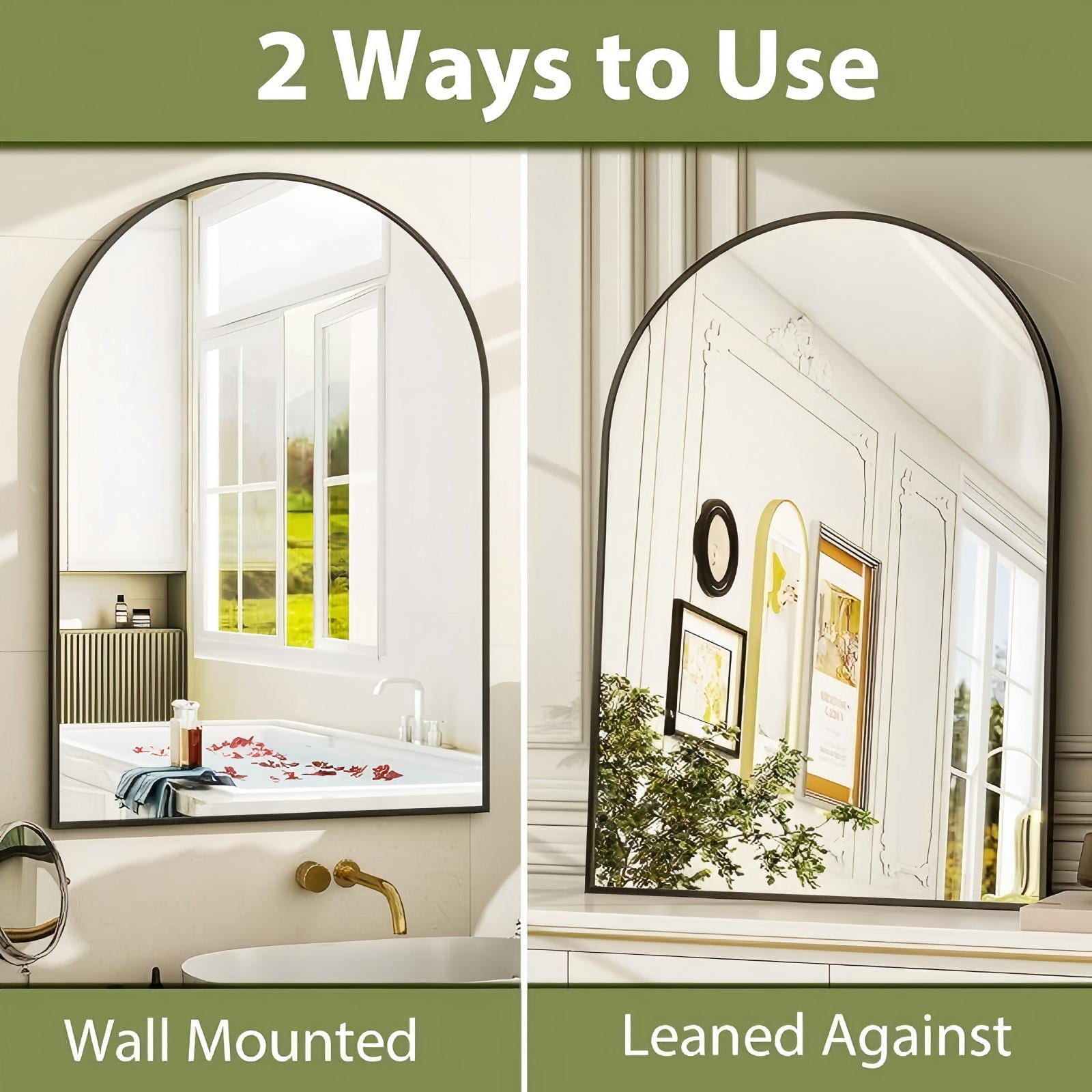 Anyrose 16" x 24" Arch Bathroom Mirror Wall Mounted Vanity Mirror with Aluminum Alloy Frame, Black