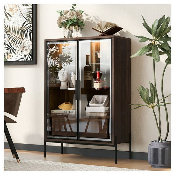 51.2'' Freestanding Display Cabinet with 2 Storage Drawers, Pantry with Glass Doors & LED Lighting, Curio Cabinet with Glass Door & 4-Tier Adjustable Shelves for Living Room, Kitchen, Office - Walnut