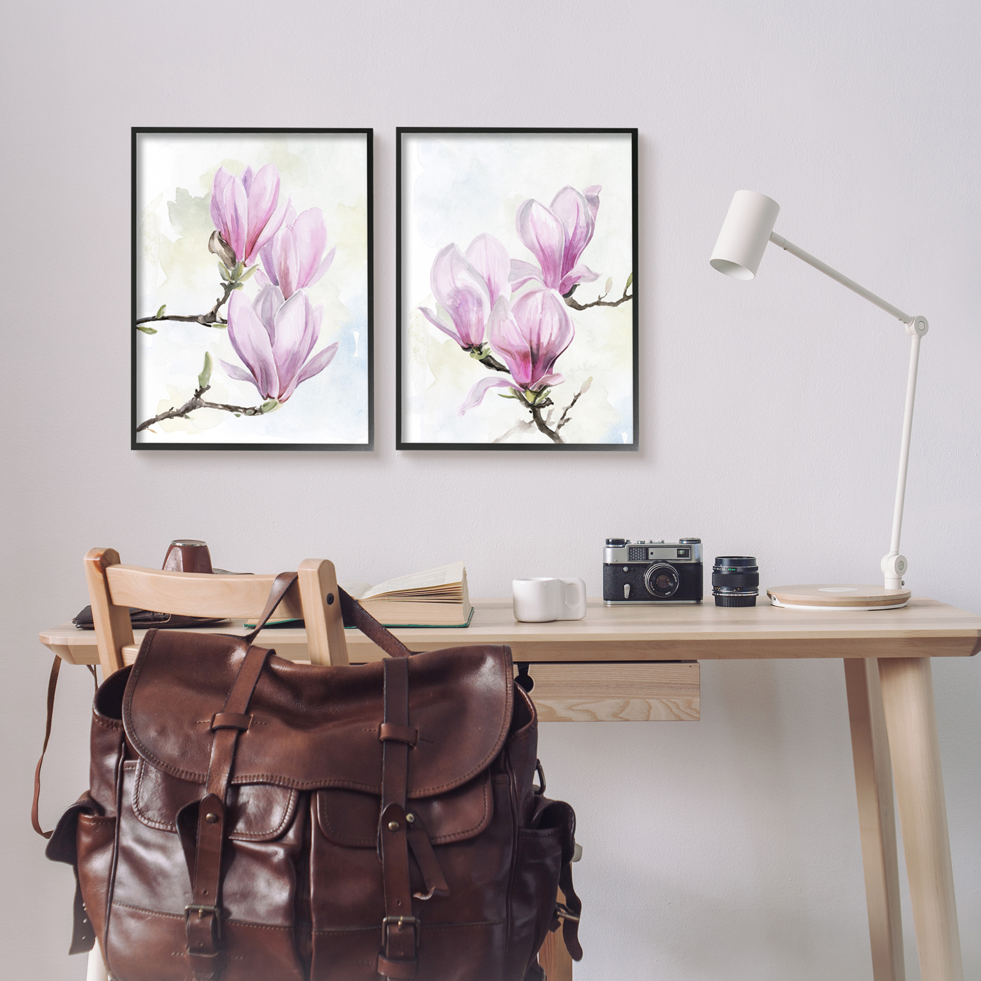 Stupell Pink Magnolia Flower Blossoms Botanical & Floral Painting Black Framed Art Print Wall Art, Set of 2