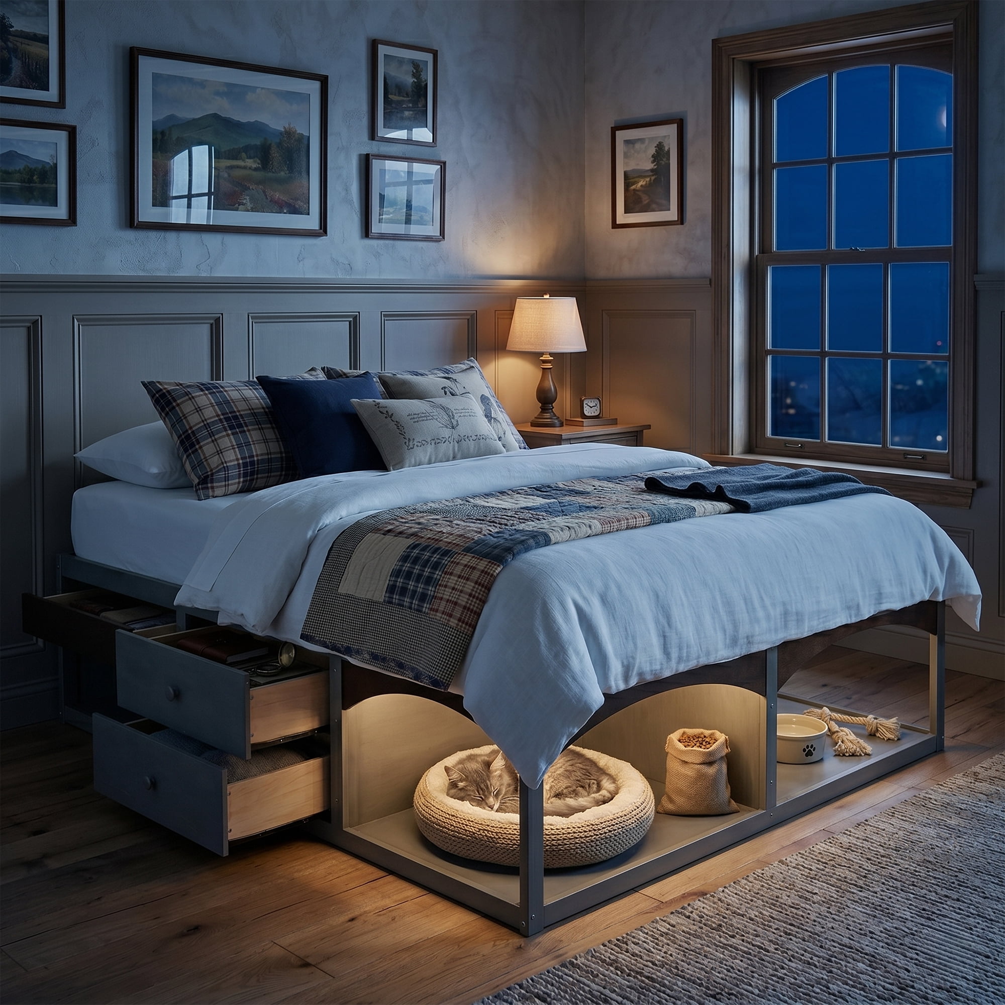 King Size Platform Bed with 2 Storage Drawers, Lighted Under-Bed Open Pet Space, No Headboard