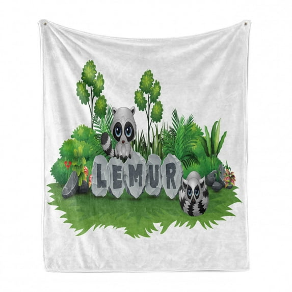 Lemur Soft Flannel Fleece Throw Blanket, Ring Tailed Madagascar Animal Forest Nature Illustration, Cozy Plush for Indoor and Outdoor Use, 60" x 80", Grey Lime Green, by Ambesonne
