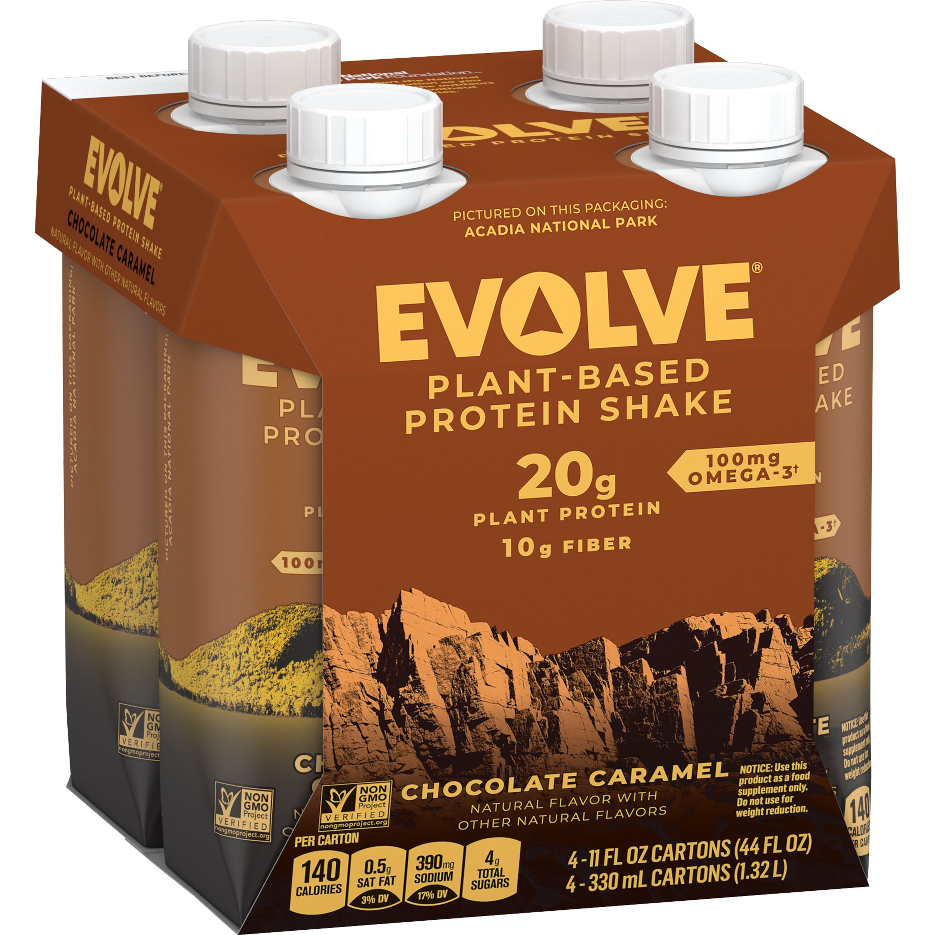 Evolve Plant Based Protein Shake, Chocolate Caramel, 11 fl oz Cartons, 4 Count