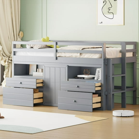 The Twin Size Loft Bed in Gray with 4 Drawers & Underneath Storage, Elegant & Space-Saving
