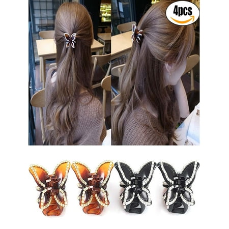 Small Crystal Butterfly Claw Clip - 4Pcs Hair Claw, Coxeer Fashion Cute Rhinestone Butterfly Shape Non-Slip Claw Clips Hair Clamps Hair Accessories for Women Girls