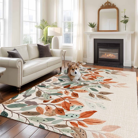 Green Orange Leaf Large Area Rugs 6x9 ft Watercolor Botanical Vintage Linen Washable Rug Non Slip Indoor Carpet Absorbent Floor Mat for Living Room Bedroom Dining Room