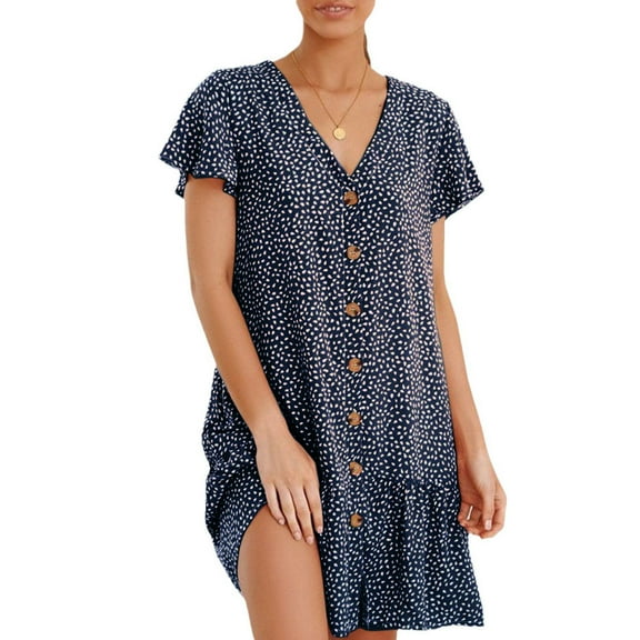 Womens Casual Loose Swing Mini Dress Polka Dot V Neck Button Down Ruffles Beach Dress