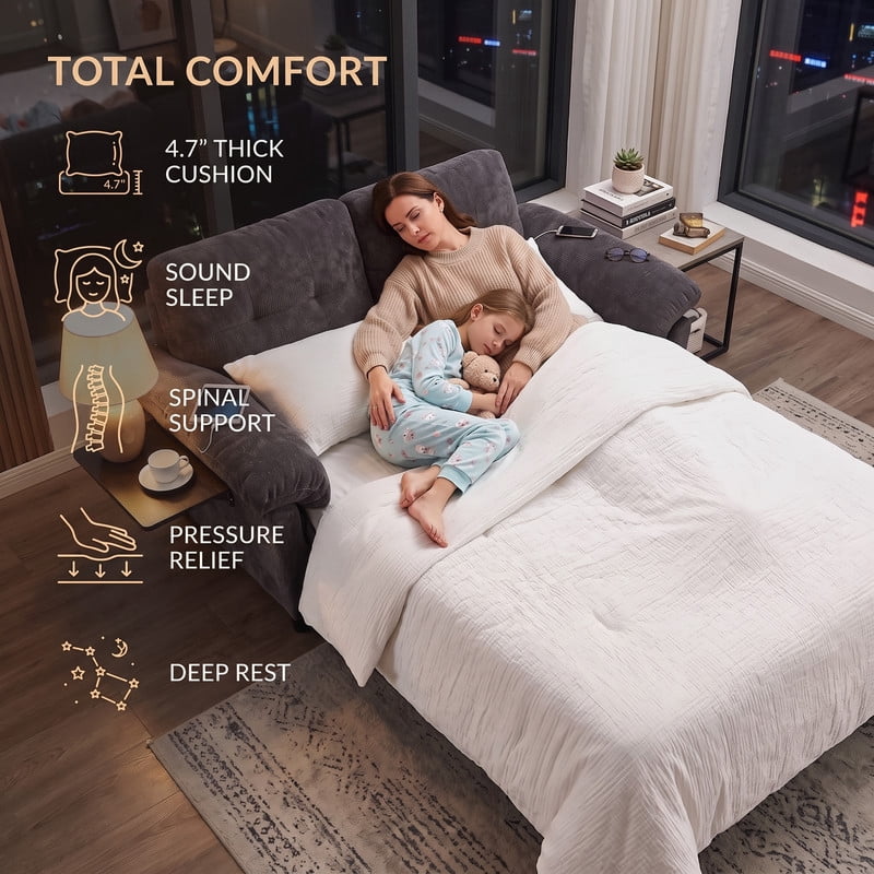 Gewnee 58" Convertible Sofa Bed, Loveseat Sleeper Sofa with USB Ports, Side Table& 6-in-1 Adjustable Backrest, Pull Out Sofa with Pillows for Small Spaces,Chenille(Black)