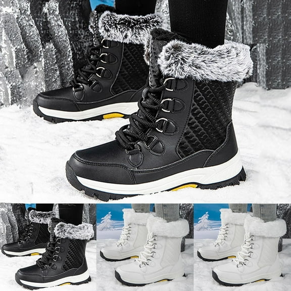 Miluxas Women's Snow Boots Waterproof Winter Boot Walking Comfortable Hiking Outdoor Lace-Up Booties Lined Mid Calf Warm Shoes White 12.5(43)